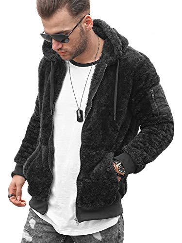 Rello & Reese Herren Fleecejacke Teddy-Fell Jacke Hoodie mit Kapuze Fleece Sweatjacke [Schwarz, L] von Rello & Reese