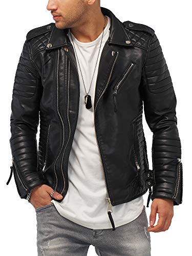 Rello & Reese Herren Kunst-Lederjacke schwarz Jacke Biker-Style Übergangsjacke Stehkragen MT-88 [Schwarz, L] von Rello & Reese