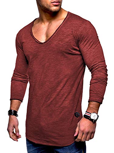 Rello & Reese Herren Oversize Longsleeve V-Neck Rundhals Sweatshirt MT-7314 [Bordeaux Wash, L] von Rello & Reese