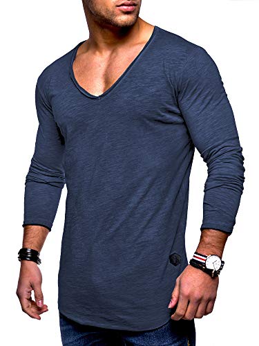 Rello & Reese Herren Oversize Longsleeve V-Neck Rundhals Sweatshirt MT-7314 [Navy Wash, L] von Rello & Reese