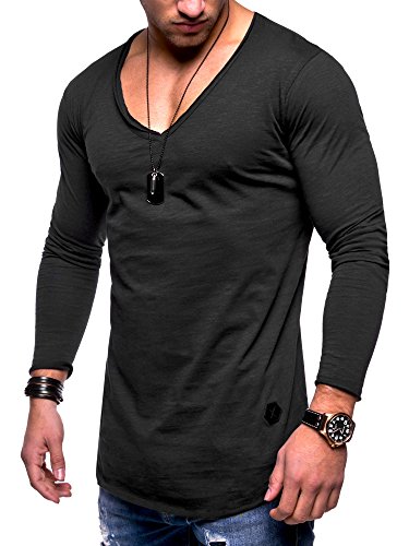 Rello & Reese Herren Oversize Longsleeve V-Neck Rundhals Sweatshirt MT-7314 [Schwarz, XL] von Rello & Reese