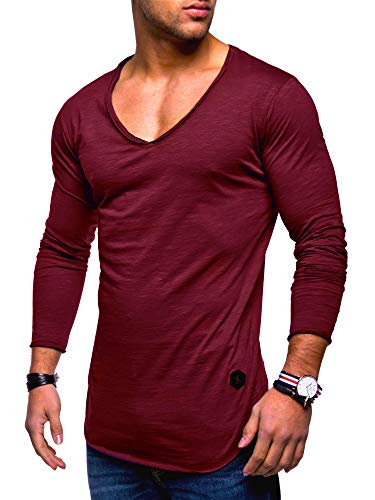 Rello & Reese Herren Oversize Longsleeve V-Neck Rundhals Sweatshirt MT-7314 [Weinrot, M] von Rello & Reese