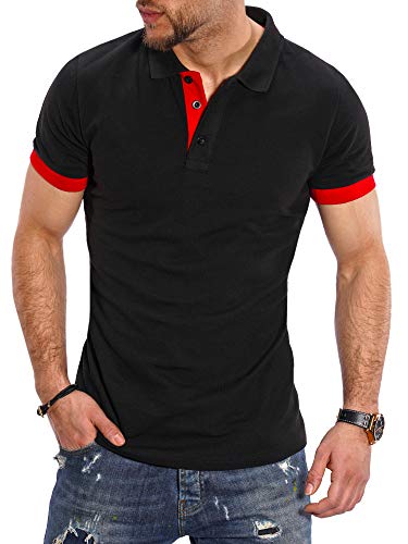 Rello & Reese Herren Poloshirt Kontrast Kurzarm T-Shirt Polo R-1402 [Schwarz/Rot, 3XL] von Rello & Reese