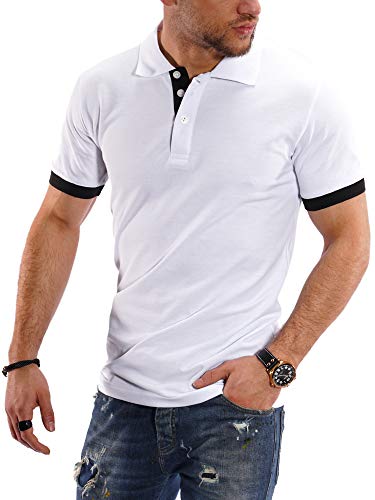 Rello & Reese Herren Poloshirt Kontrast Kurzarm T-Shirt Polo R-1402 [Weiß, L] von Rello & Reese