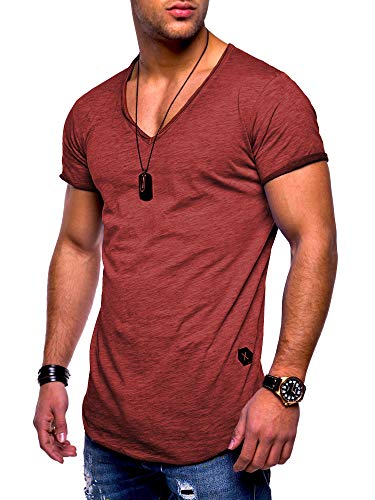 Rello & Reese Herren T-Shirt Kurzarm Basic Oversize V-Neck MT-7102 [Bordeaux wash, L] von Rello & Reese