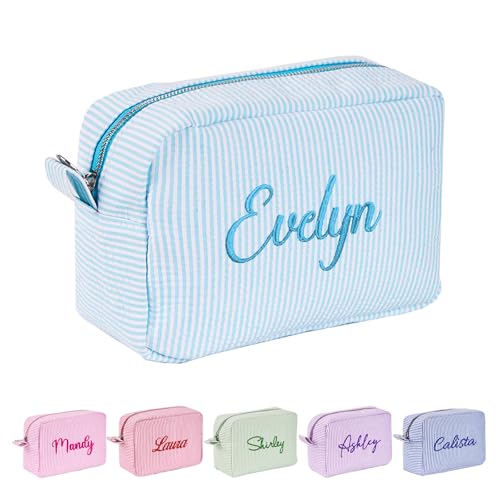 Personalized Makeup Bag - Seersucker Travel Toiletry Bag,Make Up Bag with Metal Zipper,Cosmetic Bag,Travel Essentials,Gifts for Women von Relosy