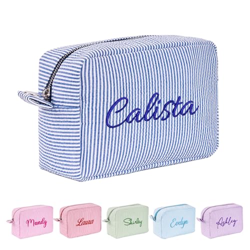Personalized Makeup Bag - Seersucker Travel Toiletry Bag,Make Up Bag with Metal Zipper,Cosmetic Bag,Travel Essentials,Gifts for Women von Relosy