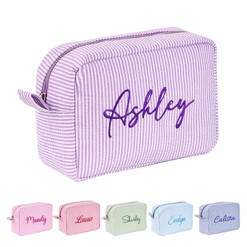 Personalized Makeup Bag - Seersucker Travel Toiletry Bag,Make Up Bag with Metal Zipper,Cosmetic Bag,Travel Essentials,Gifts for Women von Relosy