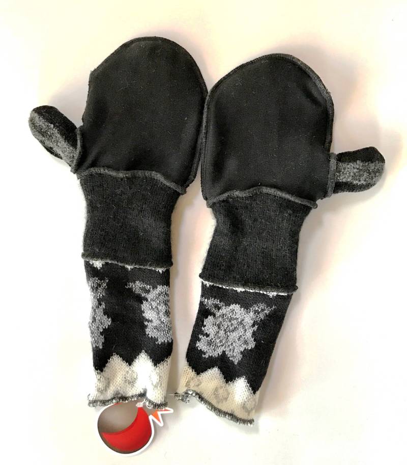 Neue Und Upcycled Recycelte Leinen Pullover Handschuhe in Schwarz N Silber Akzente Mit Daumenschutz von RelovedFabrics