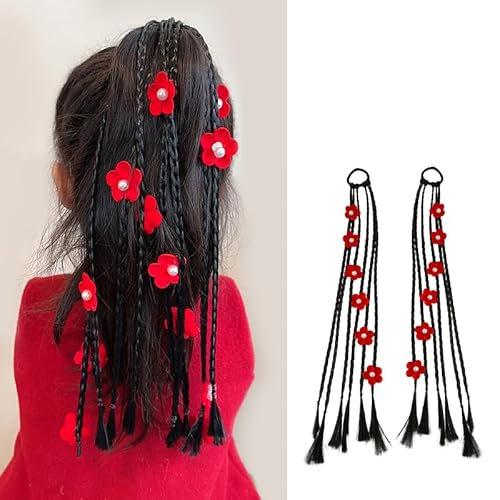16-Zoll-Fliegenzöpfe für Mädchen mit Gummi-Kunsthaarverlängerungs-Pferdeschwanz (rote Blume) von Remanbo