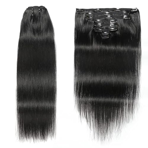 8PS Echthaar-Clip-in-Haarverlängerung, maschinell hergestellt, glatt, für Damen, natürliche schwarze Clip-in-Haarverlängerung (20 Zoll,Schwarz) von Remanbo