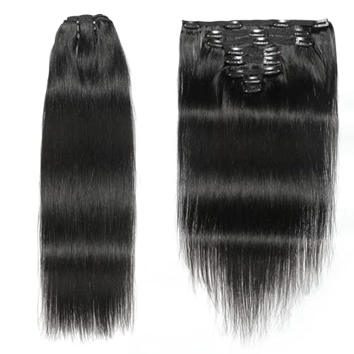 8PS Echthaar-Clip-in-Haarverlängerung, maschinell hergestellt, glatt, für Damen, natürliche schwarze Clip-in-Haarverlängerung (24 Zoll,Schwarz) von Remanbo