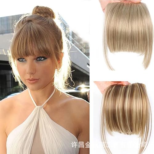 Gerader Pony aus Synthetik für Damen, maschinell hergestellt, einteilig, mit zwei Clips, Clip-in-Haaraufsätze (Beige) von Remanbo