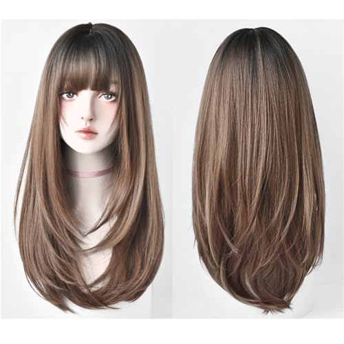 Langes glattes Haar mit Air Bangs, maschinell hergestelltes Synthetikhaar für Frauen gegen Haarausfall, 65 cm / 26 Zoll Perücken für Frauen (Braun) von Remanbo