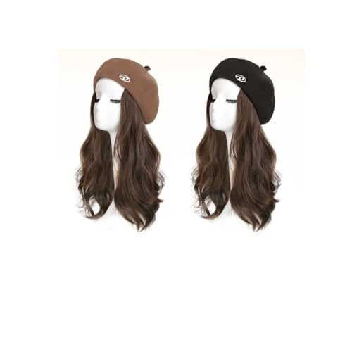 Modische Haar-Topper mit Mütze, langes gewelltes Clip-in-Haar für dünner werdendes Haar, synthetisch für Damen, lange gewellte Perücken mit Baskenmütze (Hintere Kappe braun schwarz) von Remanbo