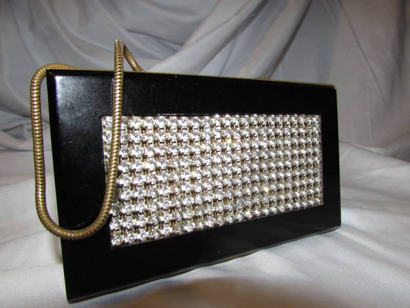 Vintage Black Lucite Deckel Mit Rechteck Strass Design Kompakt Tragen Sie Alle Echtem Spiegel Lippenstift Halter Und Puder Geldbörse von RememberMaMa