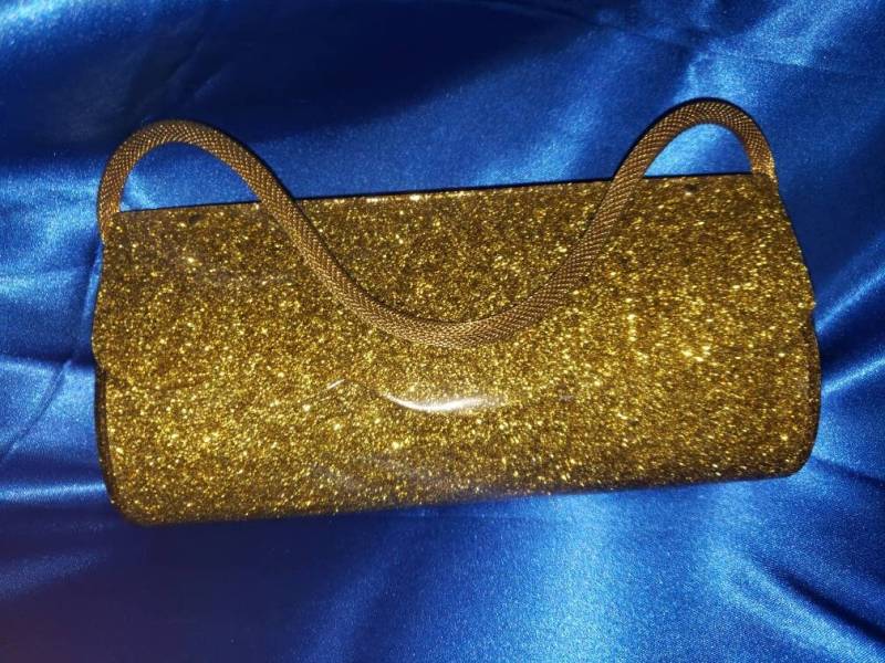 Vintage Gold Confetti Eingebettet in Klare Lucite Geldbörse Überbackene Feder Hinge - Anker Halten Die Riemen Kette Atemberaubend von RememberMaMa