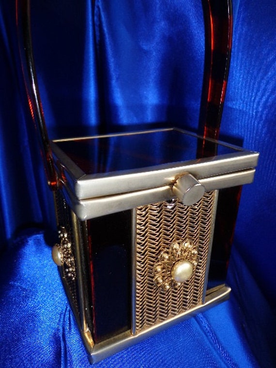 Vintage Unikat Tiroler Räucherstäbchen Tiger Gestreift Lucite Geldbörse Messing Metall Borte Mit Perle Blumen Verzierung B30 von RememberMaMa