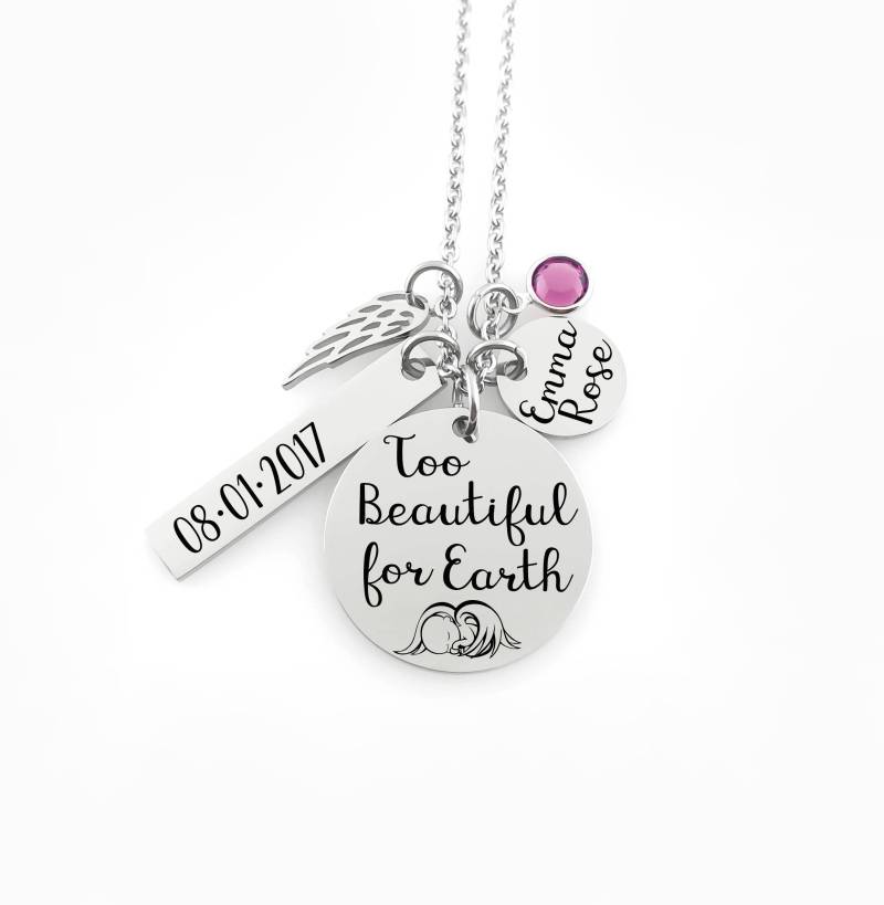 Gedenkschmuck Halskette - Zu Schön Für Die Erde Engel, Kinderverlust, Personalisiertes Remeberance Andenken, Sympathie Geschenk, Fehlgeburt Gedenkschmuck Halskette - Zu Schön Für Die Erde Engel, Kinderverlust, Personalisiertes Remeberance Andenken, Sympathie Geschenk, Fehlgeburt von RememberMeJewelryCo