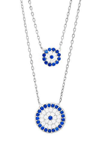 Remi Bijou - 925 Sterling Silber Zweilagige Halskette Kette + 2 Anhänger - Zirkonia Steinchen - Evil Eye blaues Auge Münze Scheibe Rund von Remi Bijou