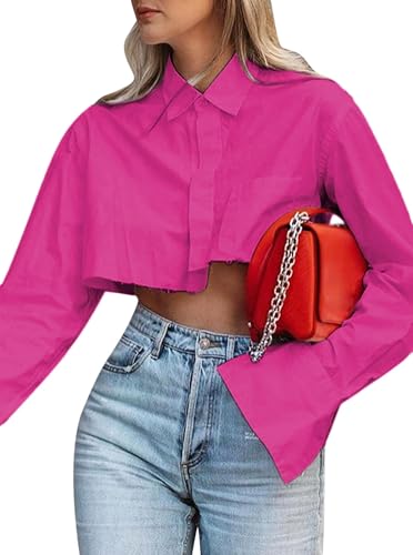 Remidoo Damen Asymmetrischer Saum Langarm Button Up Shirt Crop Top Bluse, hot pink, Klein von Remidoo