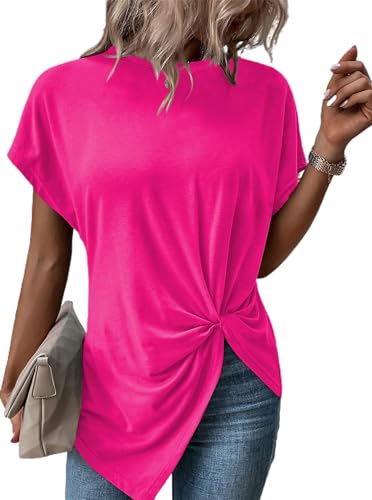 Remidoo Damen Asymmetrischer Saum Rundhals Kurzarm Twist Knot T Shirt Top, Knallpink (Hot Pink), XX-Large von Remidoo