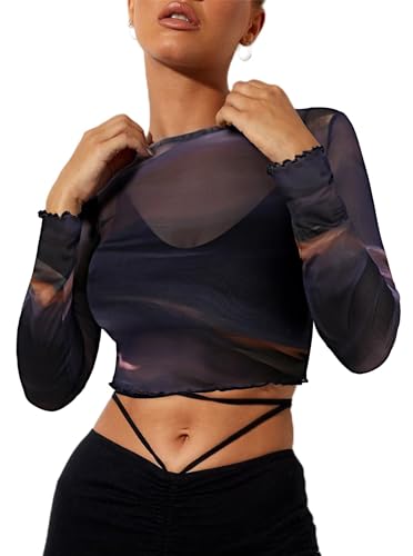 Remidoo Damen Mesh Tops Langarm Crop Top Rundhalsausschnitt Tie Dye Cropped T-Shirt, Braun-b, X-Groß von Remidoo