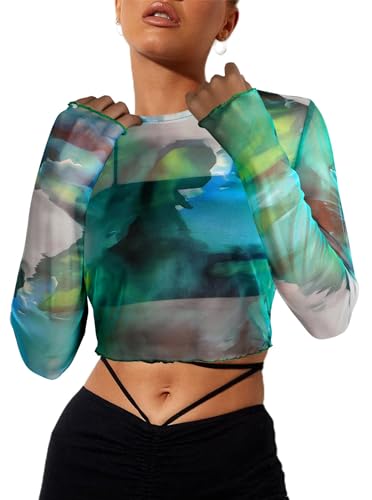 Remidoo Damen Mesh Tops Langarm Crop Top Rundhalsausschnitt Tie Dye Cropped T-Shirt, Grünes T-Shirt, Klein von Remidoo