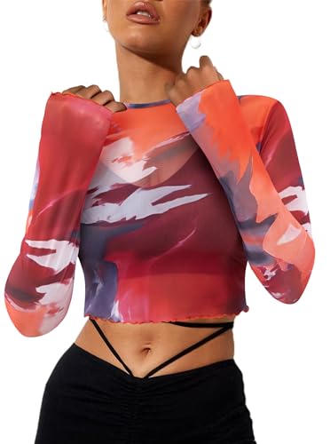Remidoo Damen Mesh Tops Langarm Crop Top Rundhalsausschnitt Tie Dye Cropped T-Shirt, Orange-a, Groß von Remidoo