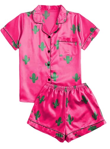 Remidoo Damen-Pyjama-Set, kurzärmelig, mit Knopfleiste, Satin, 2-teiliges Pyjama-Set, Kaktus, Hot Pink, L von Remidoo