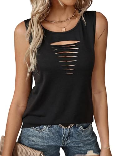 Remidoo Damen Rock Ripped Tank Top Distressed Cut Out Sleeveless Shirt, Schwarz, Mittel von Remidoo