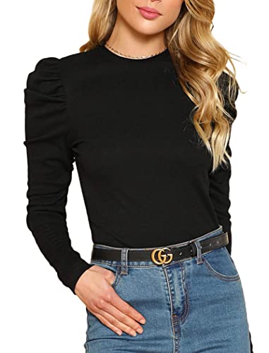 Remidoo Damen Solid Rundhals Puff Langarm Slim Fit T Shirt Tops, Schwarz, Mittel von Remidoo