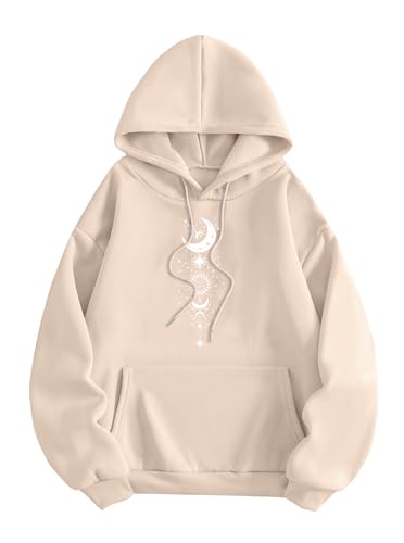 Remidoo Damen Sonne und Mond Grafik Hoodies Oversized Langarm Pullover Sweatshirt mit Tasche, Apricot-e, XL von Remidoo