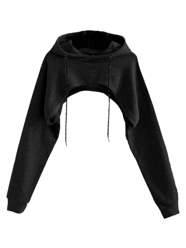 Remidoo Damen Super Crop Top Pullover Sweatshirt Langarm Kordelzug Hoodie, Schwarz, XS von Remidoo