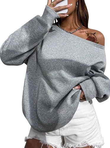 Remidoo Schulterfreies Damen-Sweatshirt, übergroße Ärmel, Pullover mit langen Ärmeln, GRAU, M von Remidoo