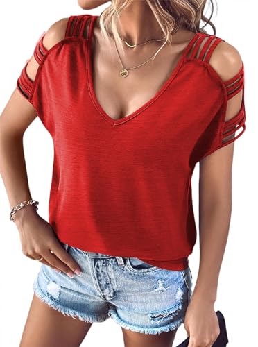 Remidoo Damen T-Shirt mit Leiterausschnitt, kurzärmelig, V-Ausschnitt, Blusen, Rot/Ausflug, einfarbig (Getaway Solids), Groß von Remidoo