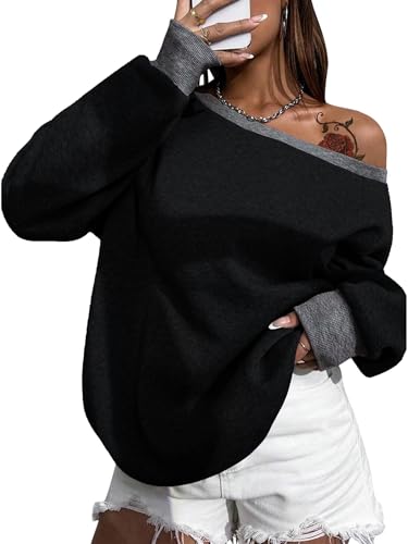 Remidoo Schulterfreies Damen-Sweatshirt, übergroße Ärmel, Pullover mit langen Ärmeln, Farbe: Schwarz, XL Remidoo Schulterfreies Damen-Sweatshirt, übergroße Ärmel, Pullover mit langen Ärmeln, Farbe: Schwarz, XL von Remidoo