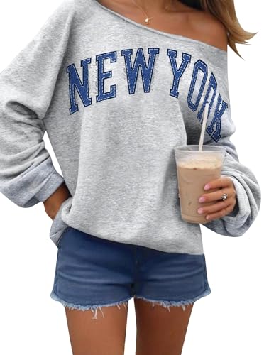 Remidoo Schulterfreies Damen-Sweatshirt, übergroße Ärmel, Pullover mit langen Ärmeln, Grau-e, Klein von Remidoo
