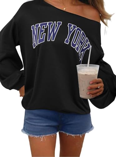 Remidoo Schulterfreies Damen-Sweatshirt, übergroße Ärmel, Pullover mit langen Ärmeln, Ny Black, XXL von Remidoo