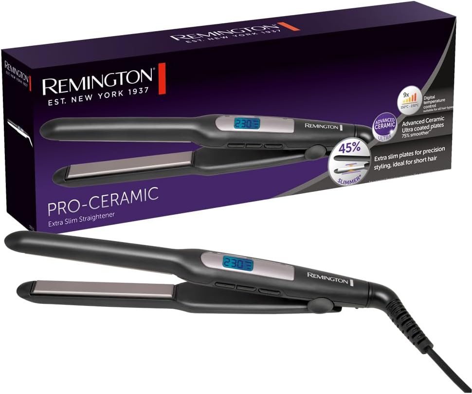 Remington Glätteisen Remington Glätteisen S5515 Keramik-Beschichtung Aufbewahrungstasche Ultra-Keramikbeschichtung, Pro-Ceramic Extra Slim, 45 % schmalere Platten, präzises Styling, Schnellaufheizung, 230 V von Remington