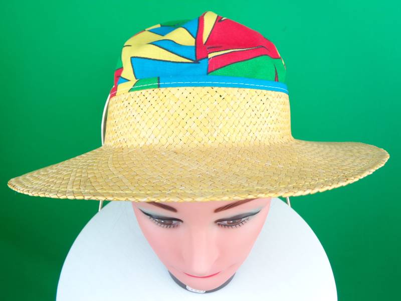 Vintage 80Er Jahre Sonnenhut Aus Stroh Krempe Zusammenklappbar, Abstraktes Muster von ReminiscingVintage