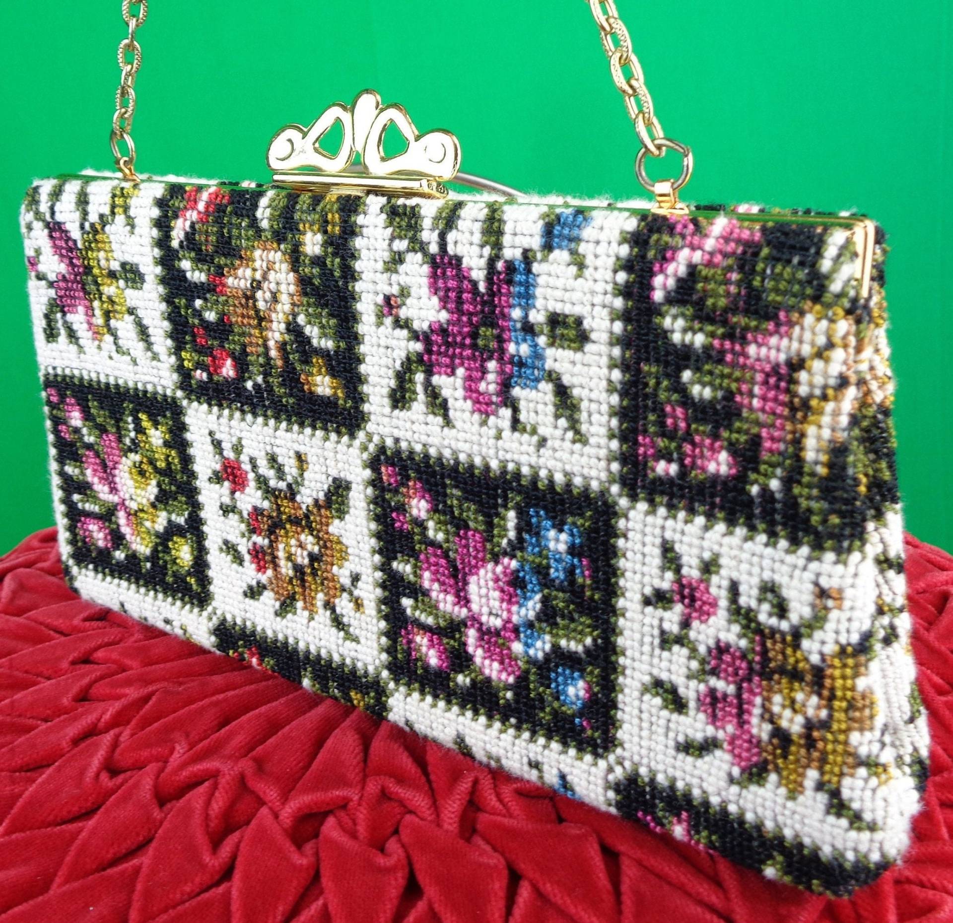 Vintage Gobelin Clutch 1950S-60S Floral Checkerboard Handtasche Mid Century Teppich Abend Geldbörse Geschenk von ReminiscingVintage