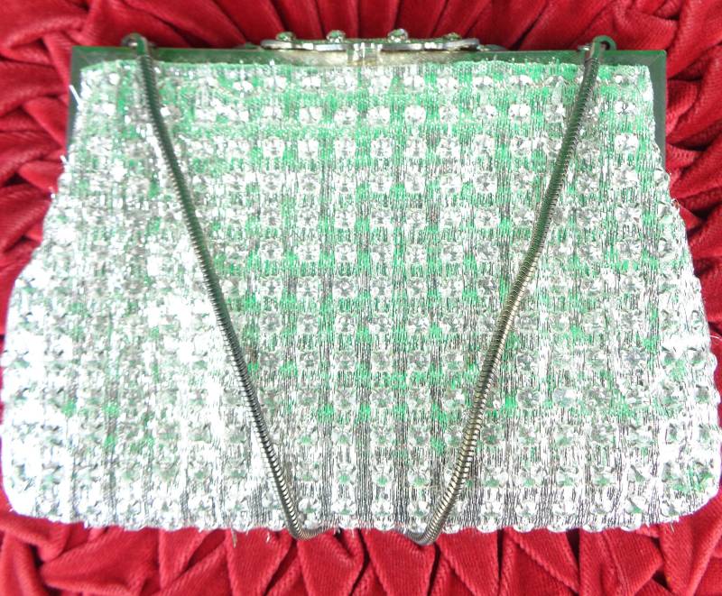 Vintage Strass Clutch 1950Er Jahre Silber Abend Handtasche Mit Top Griff Mid Century Geldbörse Accessoire von ReminiscingVintage