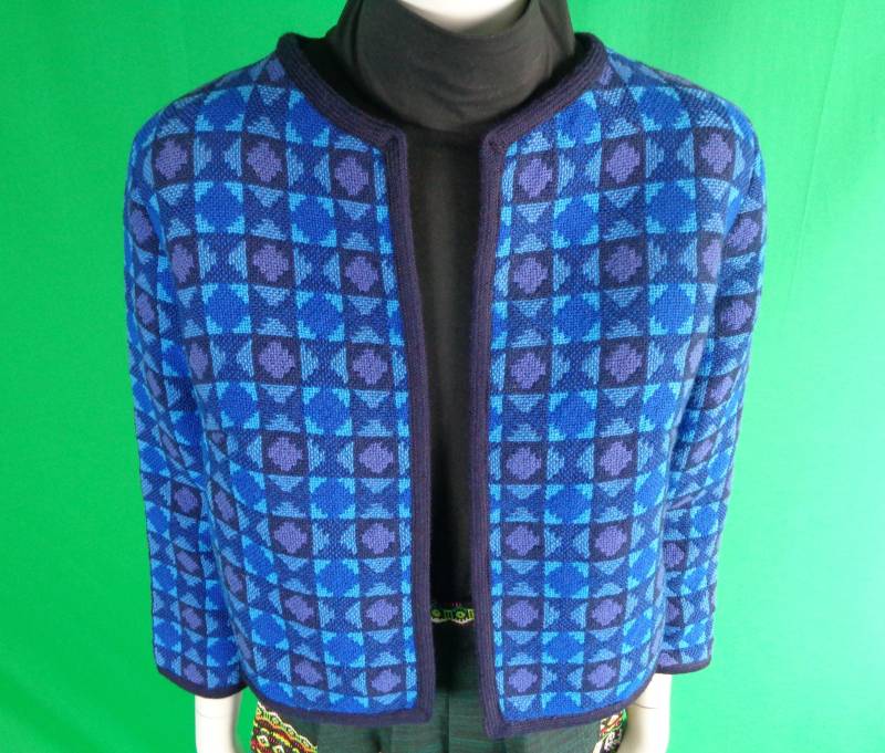 Vintage 1960S-70S Duster Jacke Aus Wolle - Craft Cymru Abstraktes Muster Blazer Blau Lila Schwarz Geschenk von ReminiscingVintage