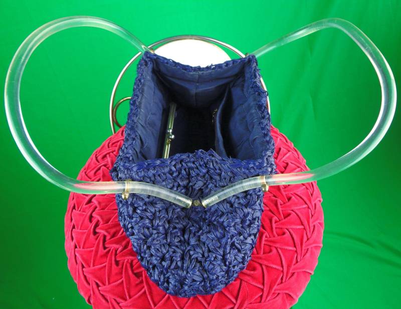 Vintage Retro Bast Stroh Handtasche Lucite Griff 1950S-60S Marineblau Geldbörse Münze Beutel Geschenk von ReminiscingVintage