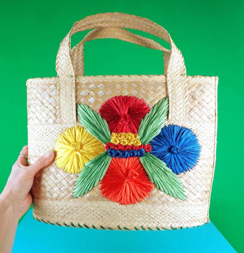 Vintage Stroh Floral Handtasche 1950Er Jahre Raffia Geldbörse, Top Griff Markt Reise Küstengeschenk Accessorize von ReminiscingVintage
