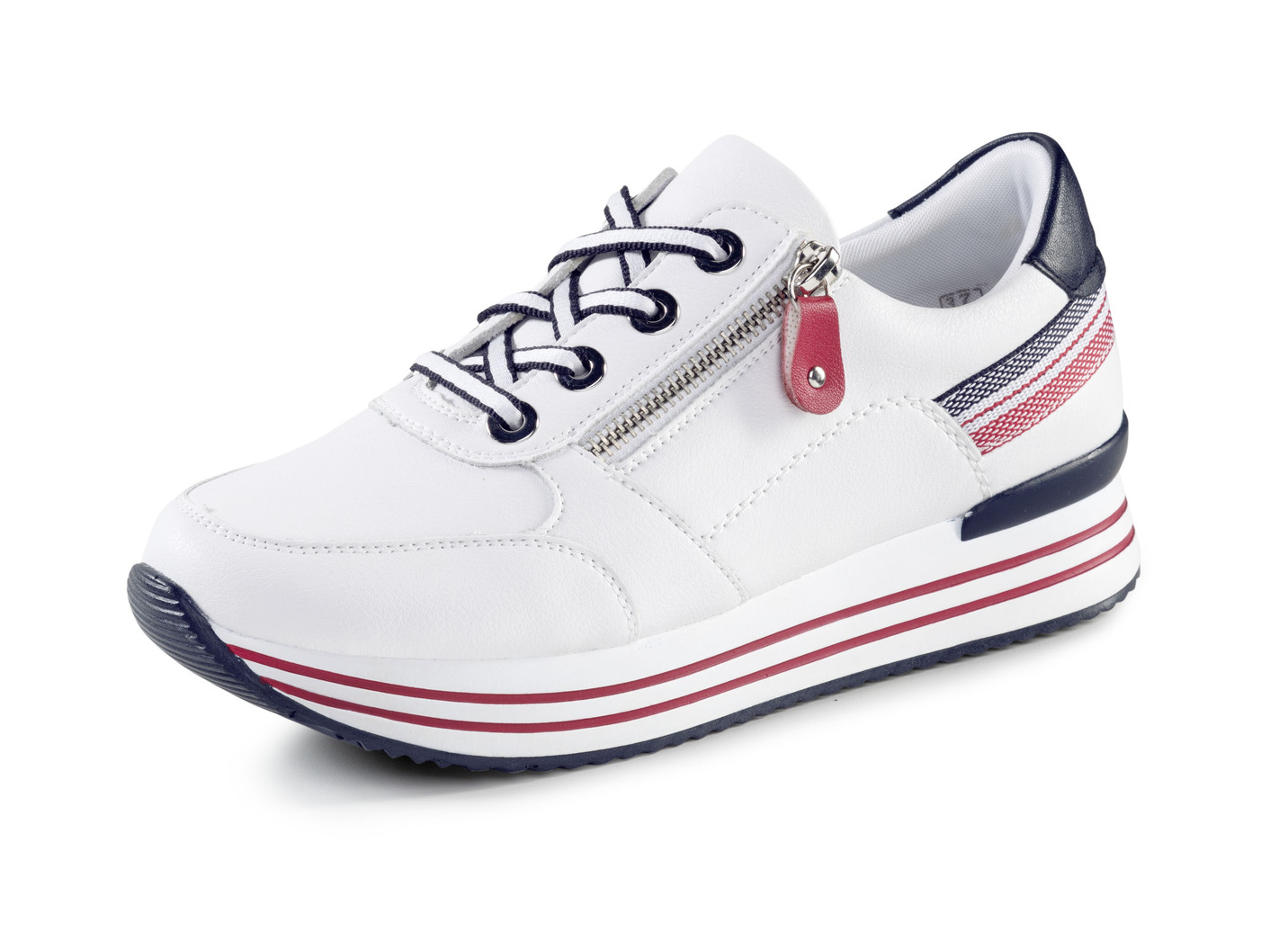 Remonte Sneaker aus beschichtetem Leder mit Textilbesatz, Weiss-Marine-Rot, Größe 39 von Remonte