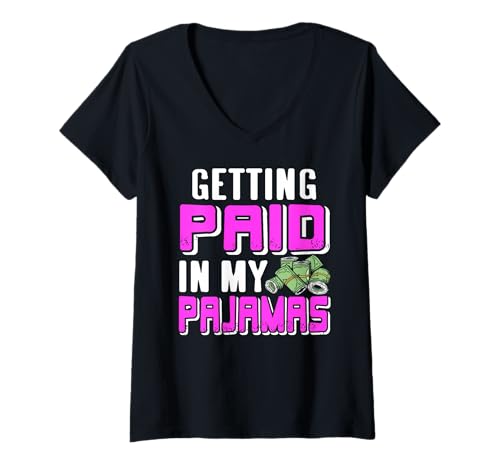 Damen In Pyjama Geld Verdienen Lustiger Homeoffice Spaß T-Shirt mit V-Ausschnitt von Remote Arbeiter Humor Fans