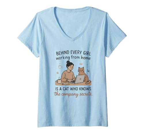 Damen Hinter jedem Mädchen WFH steckt eine Katze, die Geheimnisse kennt T-Shirt mit V-Ausschnitt Damen Hinter jedem Mädchen WFH steckt eine Katze, die Geheimnisse kennt T-Shirt mit V-Ausschnitt von Remote Working Women