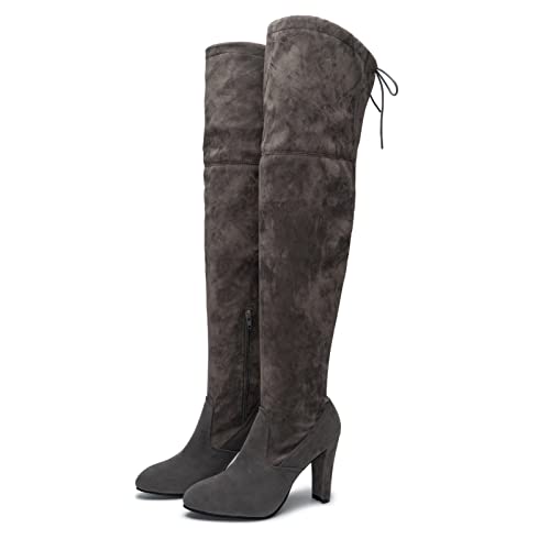 Remxi Damen Overknees Stiefel Oberschenkelhohe Lange Stiefel Kniehohe Schnürstiefel KnieLange Stiefel Frauen Grau 39 EU von Remxi